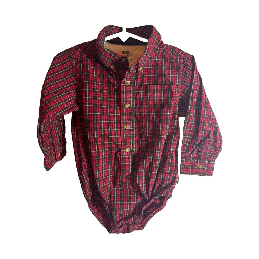 OshKosh B'gosh 24M Red Plaid Woven Cotton Long Sleeve Collared Bodysuit